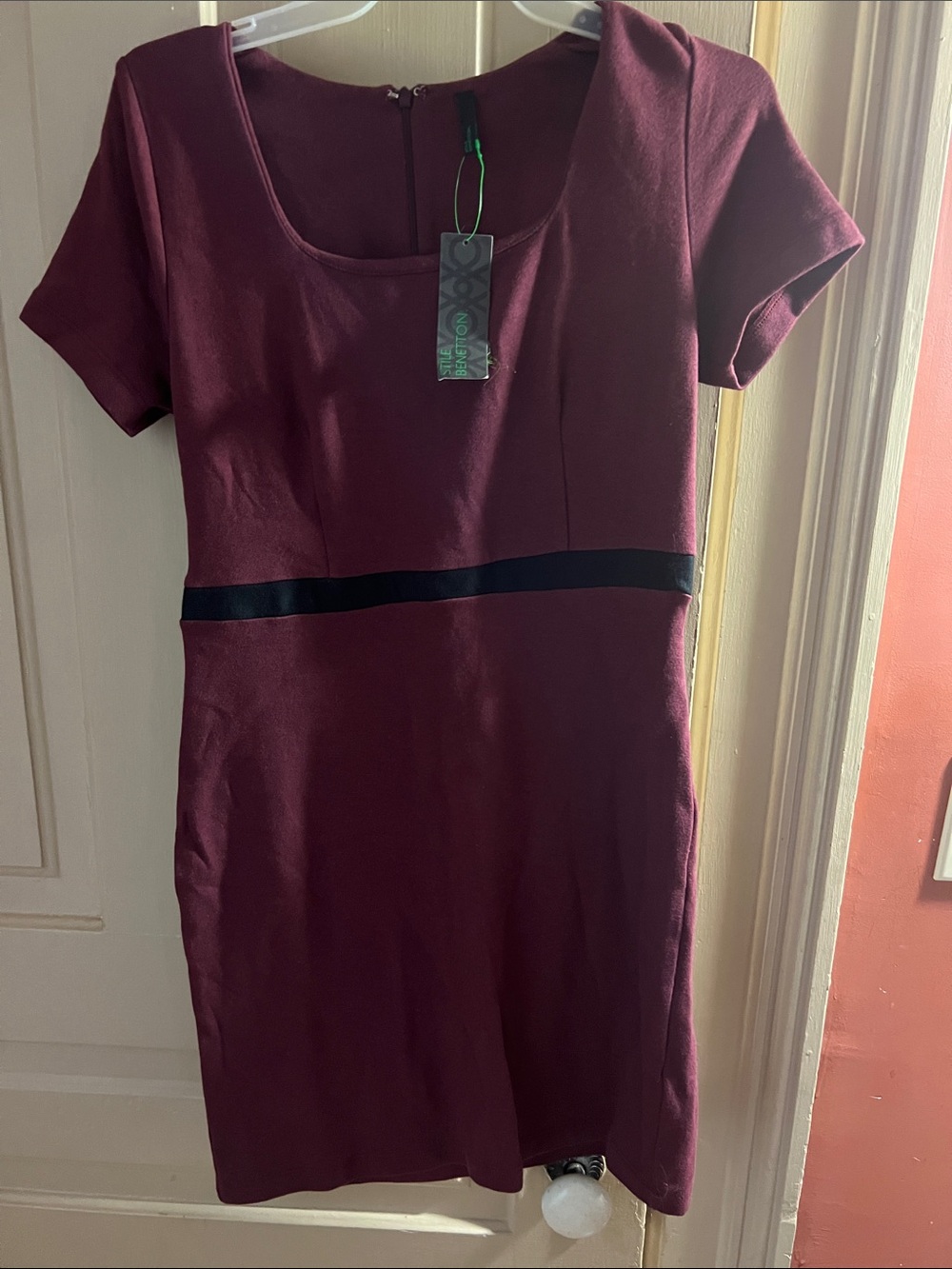 United Colors Of Benetton Burgundy Sheath Dress with Black Waist Detail